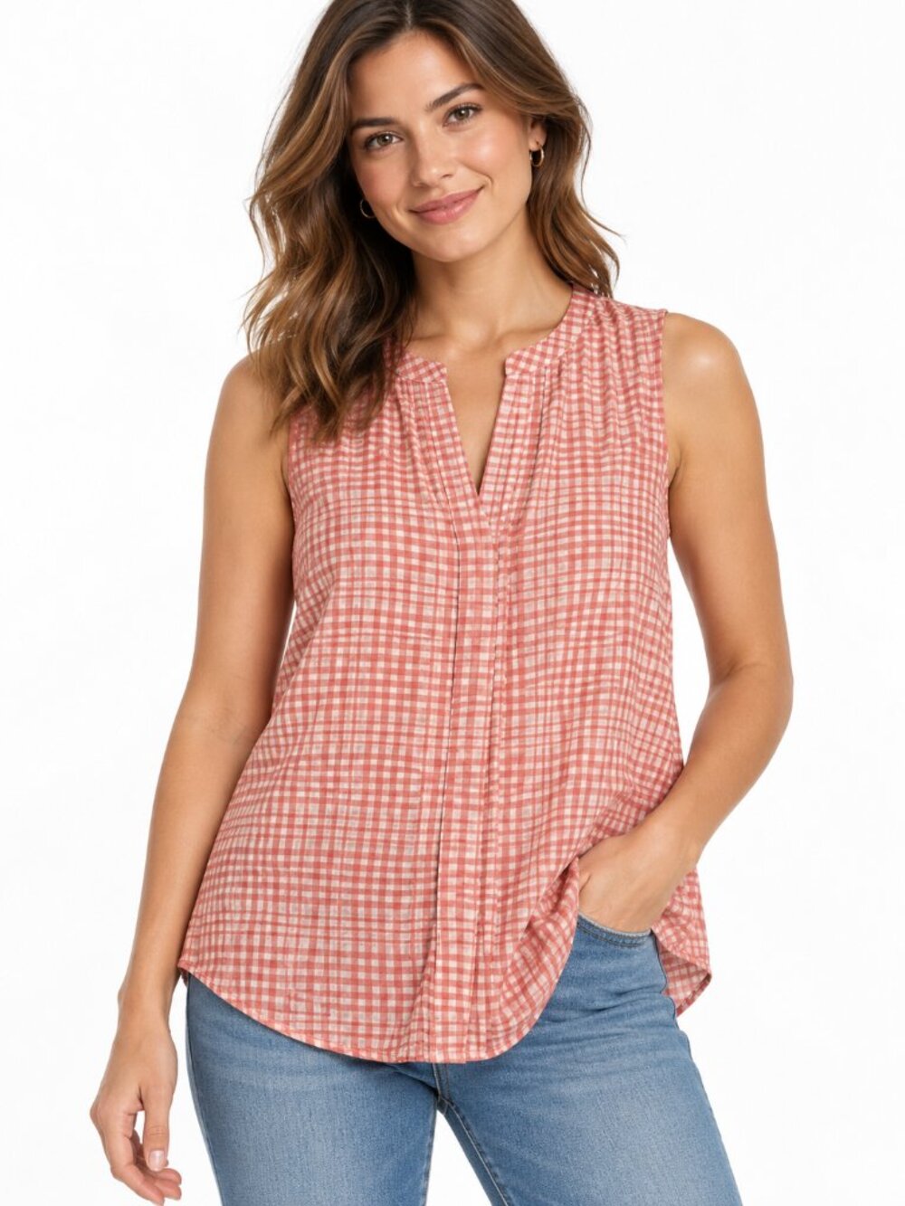 41 Hawthorn Breyson Pink Gingham Plaid Sleeveless Blouse Size Medium NWT